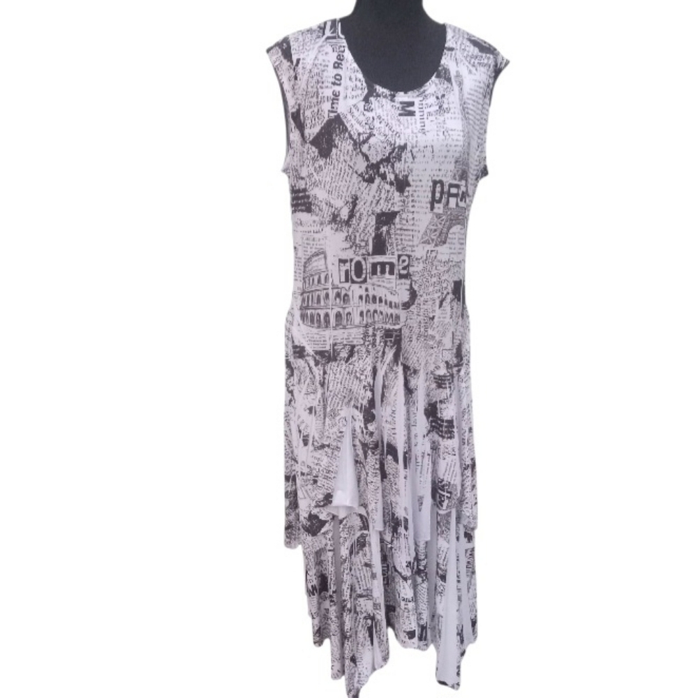 Danaili Black White Newspaper Paris Print Dress Size XL
